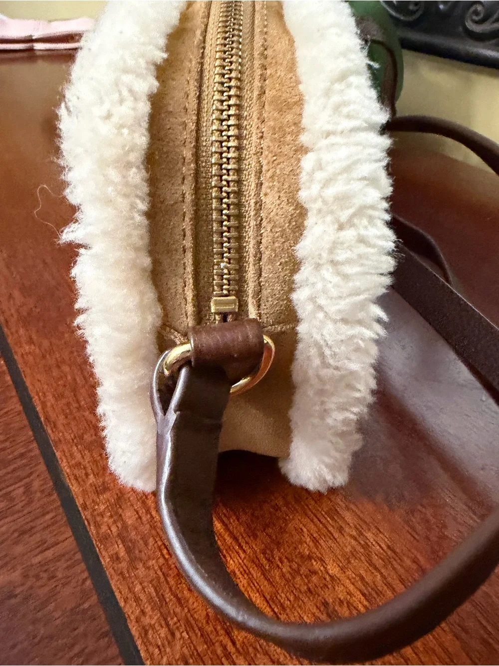 UGG Chestnut Suede Crossbody with Cream Shearling Trim